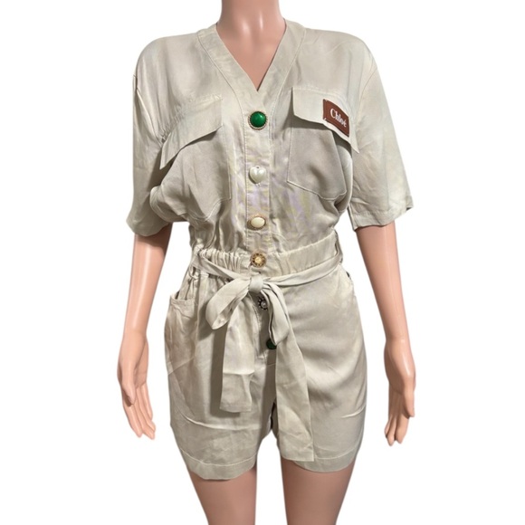 CHLOÉ Women’s Stylish Khaki Button-Up Playsuit - Picture 2 of 16